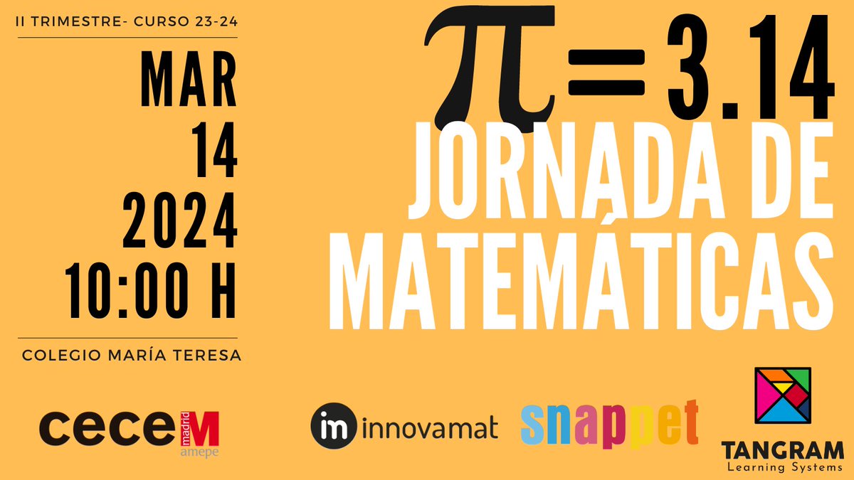 CECE Madrid (@cecemadrid) on Twitter photo Os traemos la I Jornada de matemáticas de CECE Madrid, que organizamos junto a <a href="/snappetspain/">Snappet España</a>,
<a href="/innovamat_es/">Innovamat</a> y Tamgran (Grupo Trebol). Será el jueves 14 de marzo en el <a href="/colegioMTeresa/">Colegio María Teresa</a>
(Alcobendas). ¡Os esperamos! Inscripción y más info aquí:
forms.gle/Mfwr57vPpTYGHj… Os traemos la I Jornada de matemáticas de CECE Madrid, que organizamos junto a <a href="/snappetspain/">Snappet España</a>,
<a href="/innovamat_es/">Innovamat</a> y Tamgran (Grupo Trebol). Será el jueves 14 de marzo en el <a href="/colegioMTeresa/">Colegio María Teresa</a>
(Alcobendas). ¡Os esperamos! Inscripción y más info aquí:
forms.gle/Mfwr57vPpTYGHj…