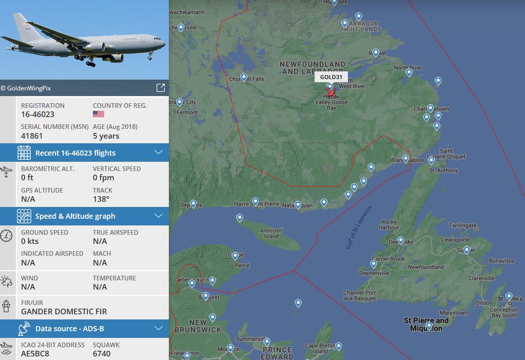 SirListenalot's tweet photo. #KC46 #AE5BC8 #GOLD31 about to depart Goose Bay for Keflavik with five #F18's #MAZDA81-85. KC46 #AE5FA1 #GOLD41 departed ~1025z with four F18's #MAZDA91-94 https://t.co/utAmT3Yh4Y