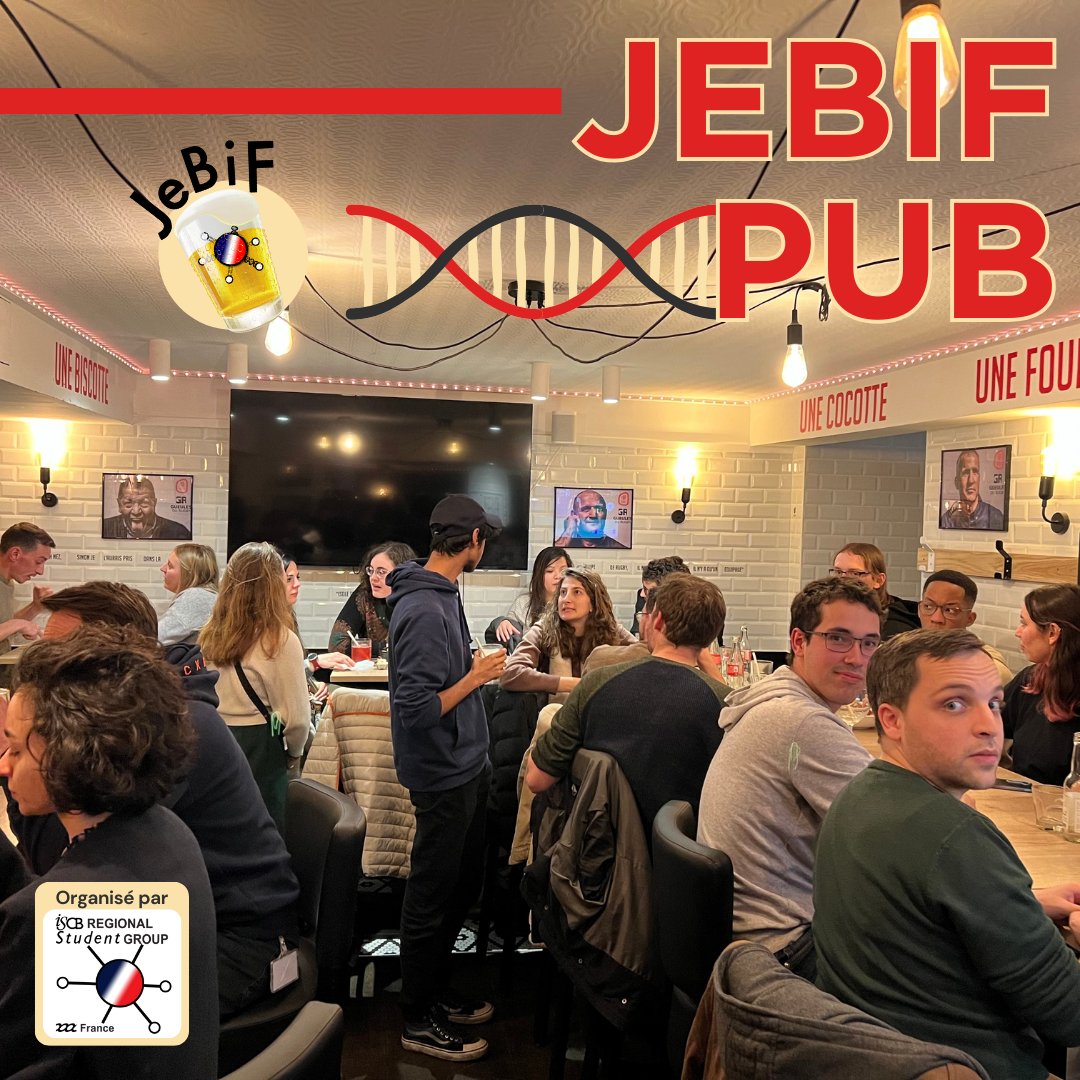 🚨𝙅𝙚𝘽𝙞𝙁 𝙋𝙐𝘽 𝙙𝙪 𝟮𝟬 𝙛𝙚𝙫𝙧𝙞𝙚𝙧 𝙖 𝙋𝘼𝙍𝙄𝙎🚨 
Une vingtaine de jeunes #bioinformaticiens (étudiants, doctorants, post-doctorants, ingénieurs, titulaires) étaient présents pour discuter de #bioinformatique au dernier #JeBiF PUB !🗣️🧬