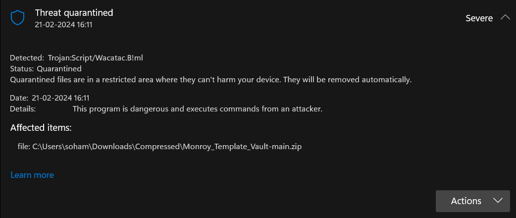 sohamxz's tweet photo. @franciscomnroy Yeah So i am not sure but i found a "Wacatac.B!ml Trojan" The moment it infects your system, it puts you at risk for identity theft, data infection, and financial loss. Further, it will drain many resources in the background without your knowledge https://t.co/rp4szeZ0OF