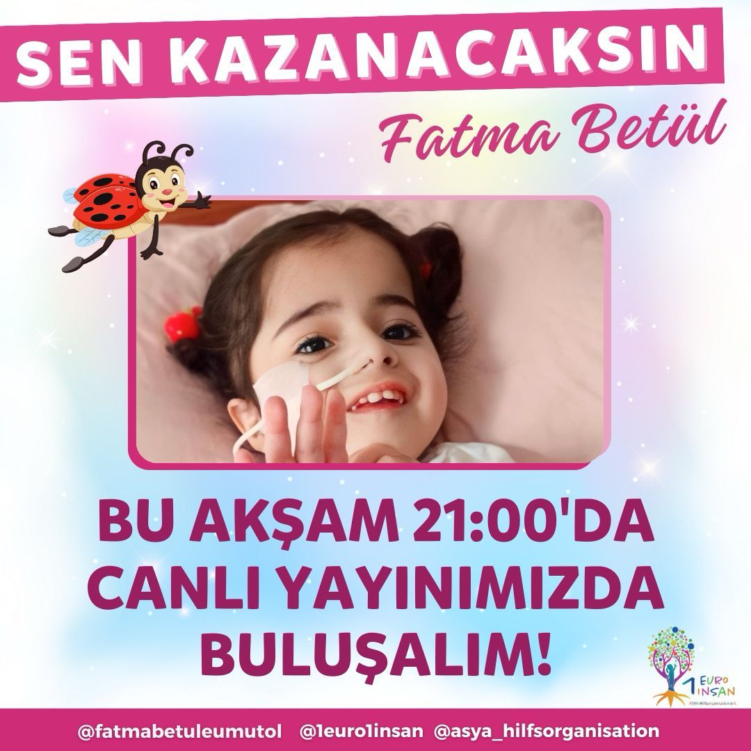1euro1insann's tweet photo. “SEN YETERKİ GÜL,
SENİ YALNIZ BIRAKMADIK FATMA BETÜL!” diyen, FATMA BETÜL’ü UMUTSUZLUĞUYLA BAŞBAŞA BIRAKMAYAN,  MUCİZESİNE İNANARAK SON ANA KADAR MÜCADELE EDEN HERKESİ 21.00’da İNSTAGRAM CANLI YAYINIMIZA BEKLİYORUZ💙 https://t.co/4SEnJaXWEm