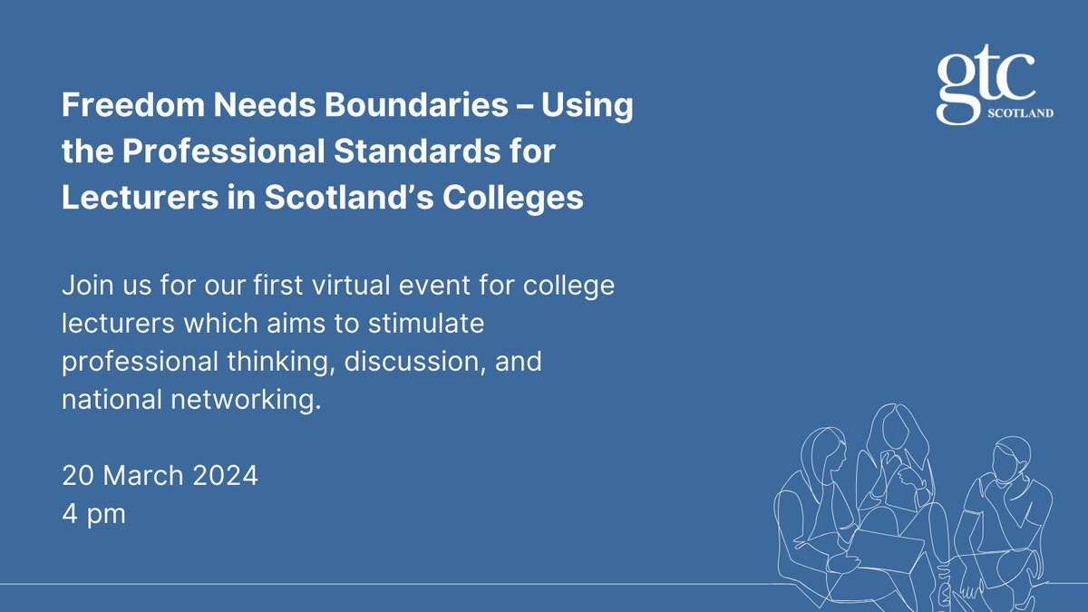 College lecturers can register now for our event focusing on the Professional Standards for Lecturers in Scotland's Colleges. Dr Lou Mycroft will introduce the Values Line, a way of developing long-term sustainable change in a short-term world. Register: gtcs.org.uk/news/freedom-n…