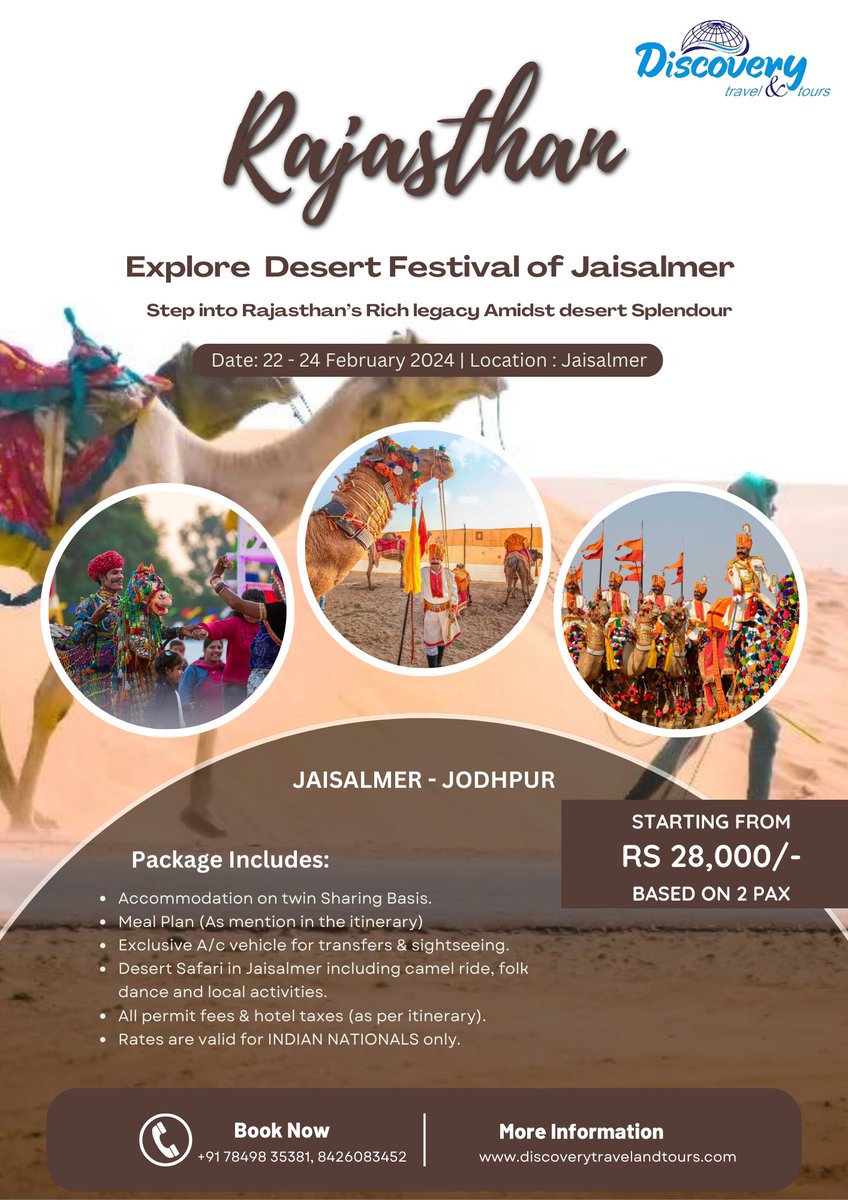 Experience the vibrant culture of Rajasthan with our comprehensive Jaisalmer festival tour package! 🌟 Discover the grandeur of the Thar desert and soak in the festive atmosphere in the land of maharajas.
#RajasthanTour #desertfestival #HeritageTour