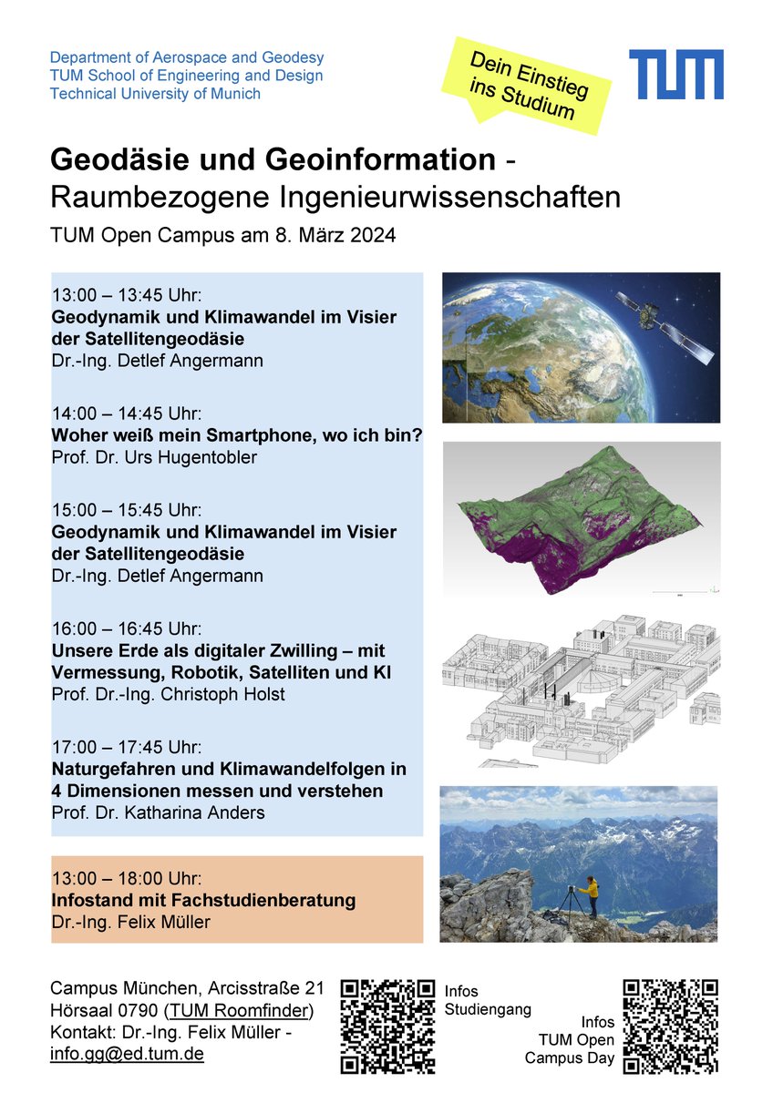 Für Studieninteressierte 📢 Wir präsentieren die vielfältigen Aspekte des Studiums #Geodäsie und #Geoinformation beim #TUM Open Campus am 08. März in München: tum.de/studium/von-de… Wir freuen uns auf Euch! #RemoteSensing #3D #LiDAR #Vermessung #EarthObservation #tumrsa