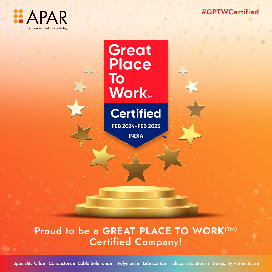 AparIndustries's tweet photo. We're overjoyed to share some amazing news: APAR Industries Limited has officially been certified as a Great Place To Work!
#GPTWCertified #CertifiedPride #APARIndustries #GreatPlaceToWorkCertified #APARIsGPTW #GreatPlaceToWork #APARFamily #TeamSpirit #EmployeeEngagement https://t.co/zHukp4l2gA