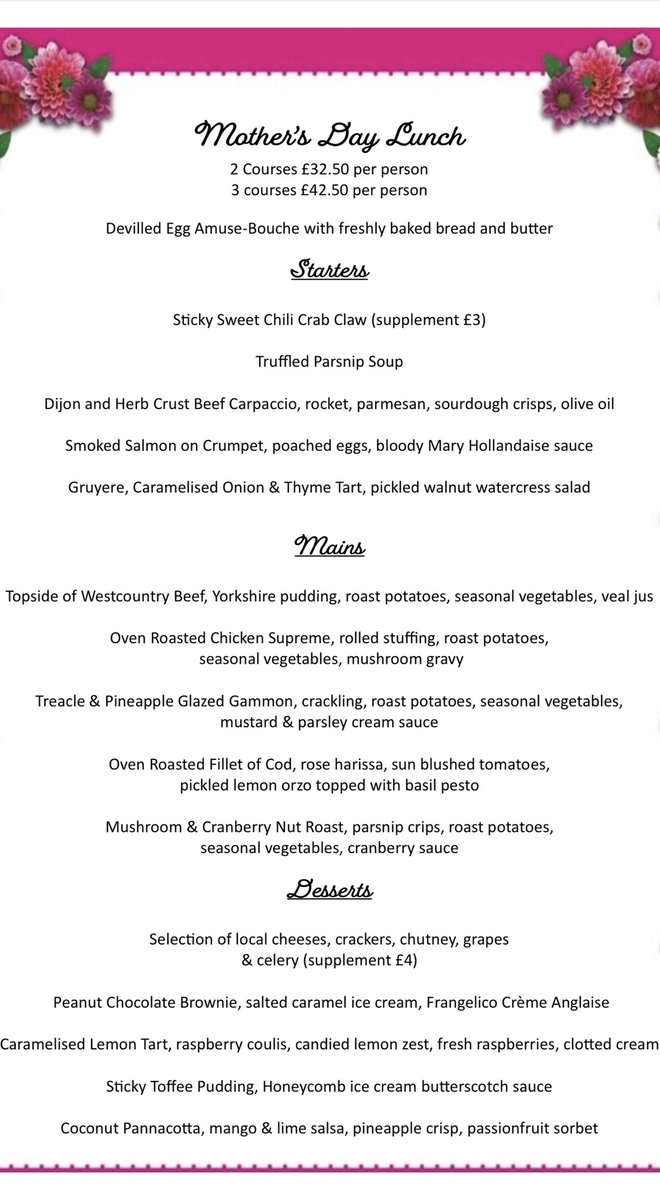 Cary Arms & Spa (@caryarms) on Twitter photo 💐Treat your lovely mum to a delicious lunch on Sunday 10th March 2024💐
2 courses £32.50 per person
3 courses £42.50 per person 
#mothersday #celebration 💐Treat your lovely mum to a delicious lunch on Sunday 10th March 2024💐
2 courses £32.50 per person
3 courses £42.50 per person 
#mothersday #celebration