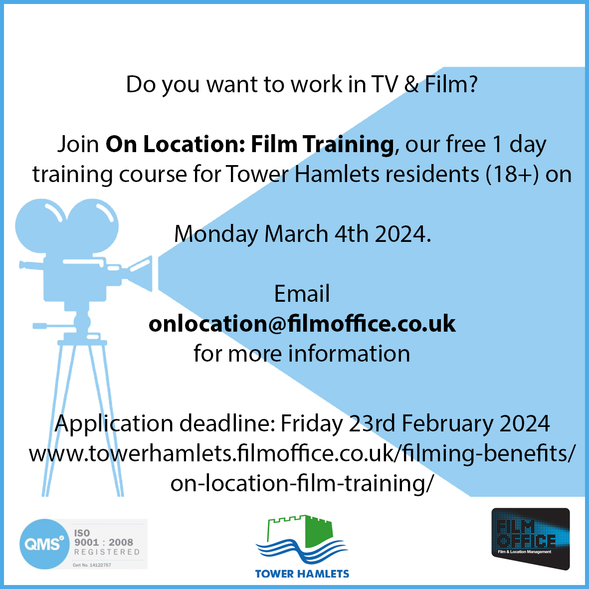 TheFilmOffice's tweet photo. Reminder the deadline to sign up for our On Location: Film Training is this Friday!
working with @thevents to provide a 1 day free training course for Tower Hamlets residents (18+).
Email onlocation@filmoffice.co.uk for more info.
Good luck!
#filmtraining #filminginlondon https://t.co/DnOigRRYSK
