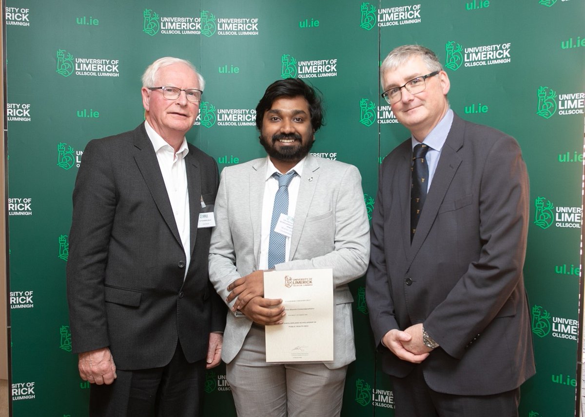 Pictured: awardee Mukilan Shanthi of the Dr Sheila Boland Scholarship in Public Health w/ Dr Gerry Boland, Benefactor of the Dr Sheila Boland Scholarship in Public Health, & UL Foundation Board Member & Prof Shane Kilcommins, UL Provost and Deputy President. @ProfColumDunne @UL