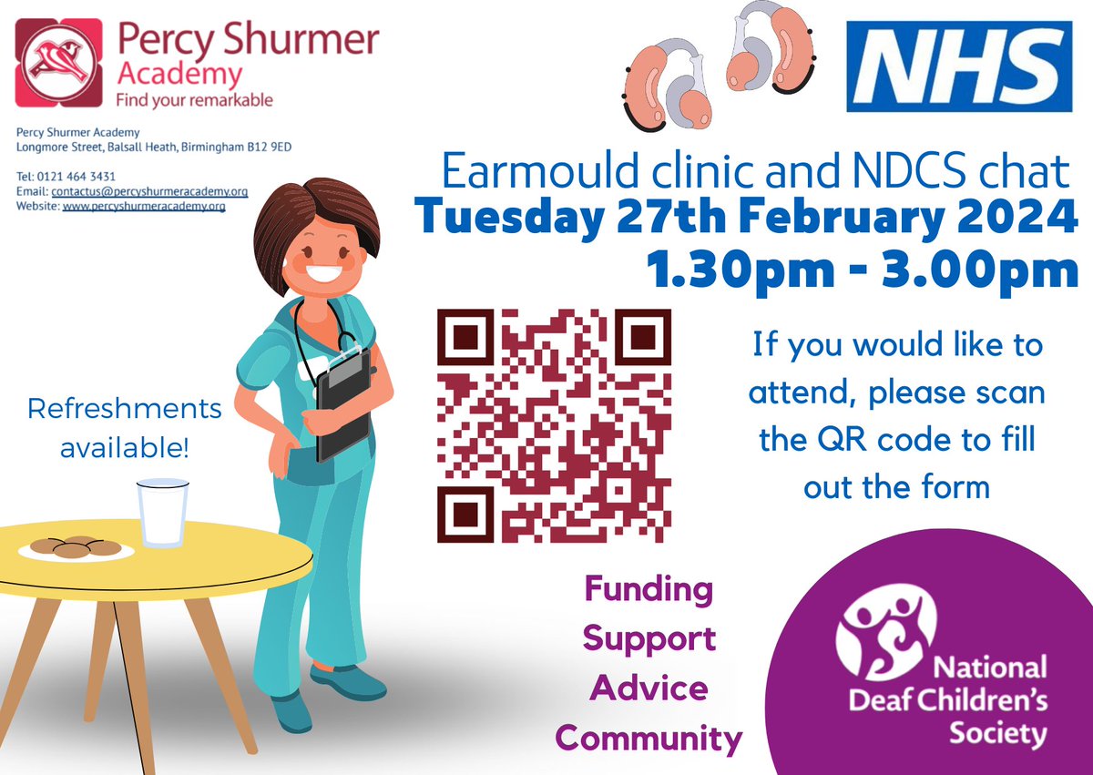 BobbyBearDeaf's tweet photo. Please join us @PercyShurmerAET
for our half termly #earmould and #NDCS session on Tuesday 27th. Please come along and meet ToDs, the NHS and @NDCS_UK. Hearing aid users will get their new moulds fitted too! #PercyDLB #individualsmatter
@AETAcademies @mrsrmurad https://t.co/RKsxiBmejq