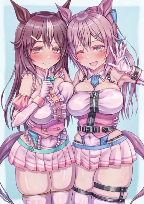 渋リク納品しました! 依頼人さんオリジナルキャラの双子ちゃんですわ!
以前に描いたパステルメモリーさんの娘さんということで、繋がりのある感じにしてみました。もちろんスカートがとれてハイレグになる。デザインと性癖の引き出しが少ないのですわ～。 