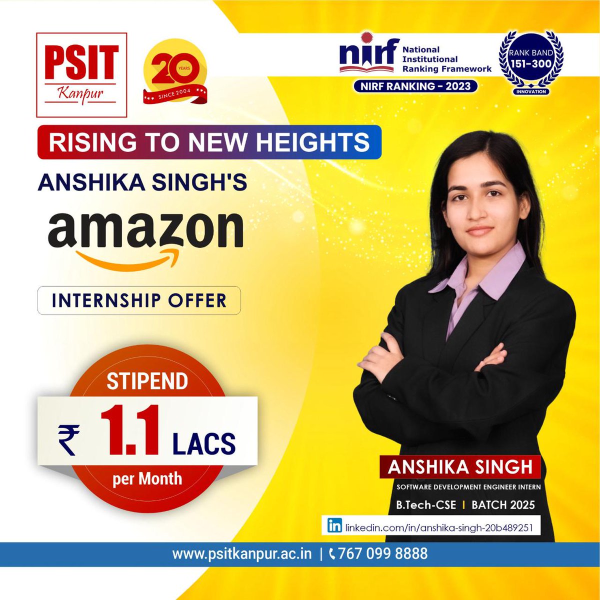 PSITKanpur2004's tweet image. We&apos;re happy to announce yet another remarkable achievement from our 2025 batch! 

#BestInternships #incredibleinternships #batch2025 #EraOfAchievers #PSITLegacy #Student #Success #amazon #btech #aktu #PSITKanpur