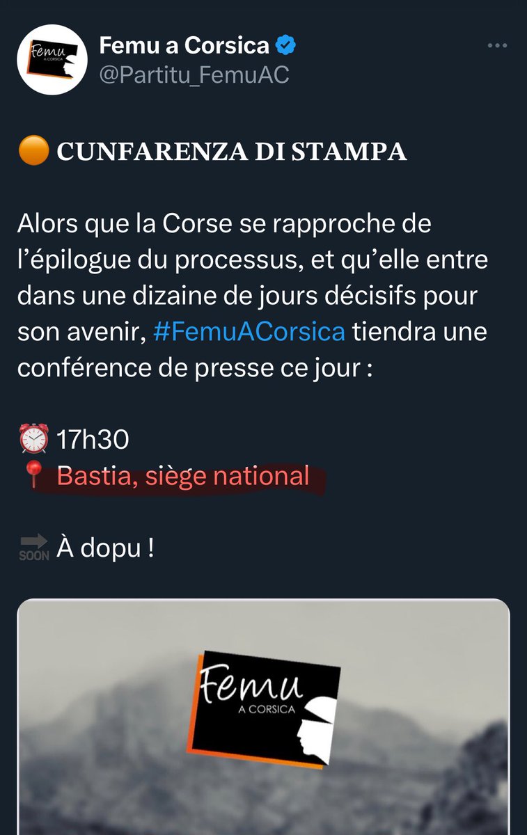 ProsperALFONSI's tweet photo. #EXCLU
Dans la guerre picrocholine menée par les élus bastiais contre Ajaccio, une nouvelle étape a été franchie avec la désignation de Bastia comme nouveau siège national et donc capitale nationale demain de la Corse…
#Avanzemu
#SoluBastia https://t.co/7y3hAhqhtB