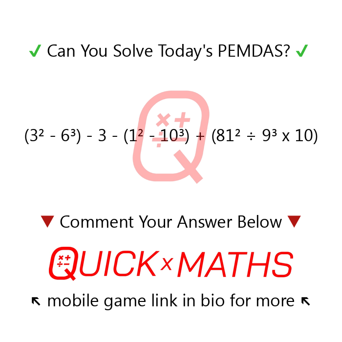 QuickMathDaily's tweet photo. Quick! Can You Solve? 🧠
We’ll reply with the correct answer before tomorrow's! ✅
If you like this Problem, but want more of a Challenge - Go Test Your Skills in Daily Quick Math Games via our app 📲🆚🏆↖️ #PEMDAS #mathquiz #mathproblem #mathgame #mathtest #mathapp #brainquiz https://t.co/OXAItnX3l8