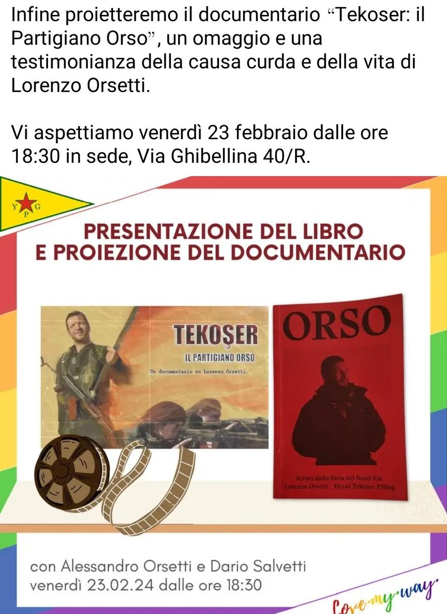 Laura_Bennati's tweet photo. #Firenze con #Orso
Venerdì #23febbraio dalle 18.30 in via Ghibellina 40/R con #AlessandroOrsetti e #DarioSalvetti per presentare il libro: "#Orso racconti dalla Siria del Nord-est" + documentario "#Tekoser il partigiano Orso" sulla vita di #LorenzoOrsetti.
#Partecipiamo https://t.co/T7y4xHosYl
