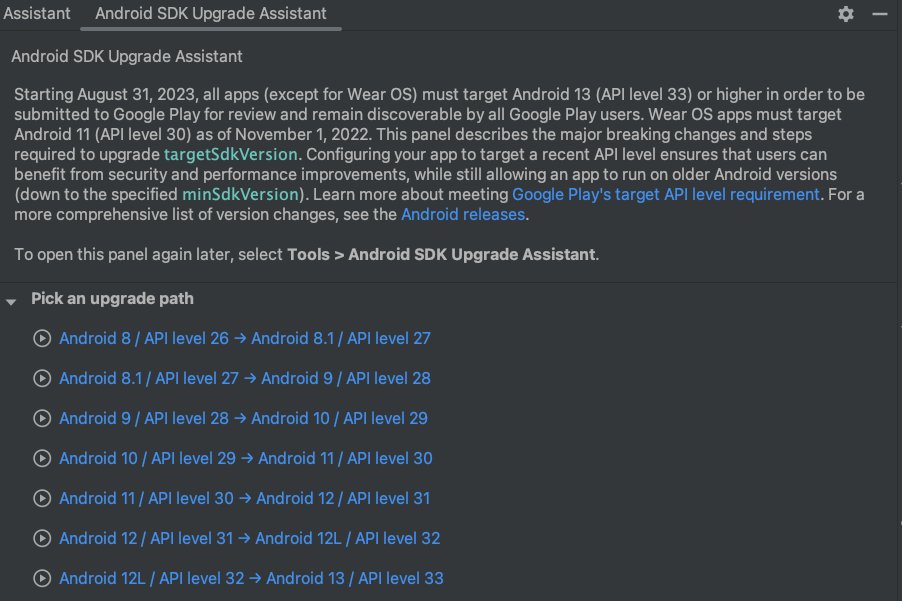 AristiDevs's tweet image. ¿Sabías que ANDROID STUDIO te ayuda a actualizar el SDK de tus APPS para evitar errores y problemas?
Si vamos a tools/Android SDK Upgrade Assistant tendremos una guía completa de migración para cada versión con todos los cambios del sistema y como solucionarlos.