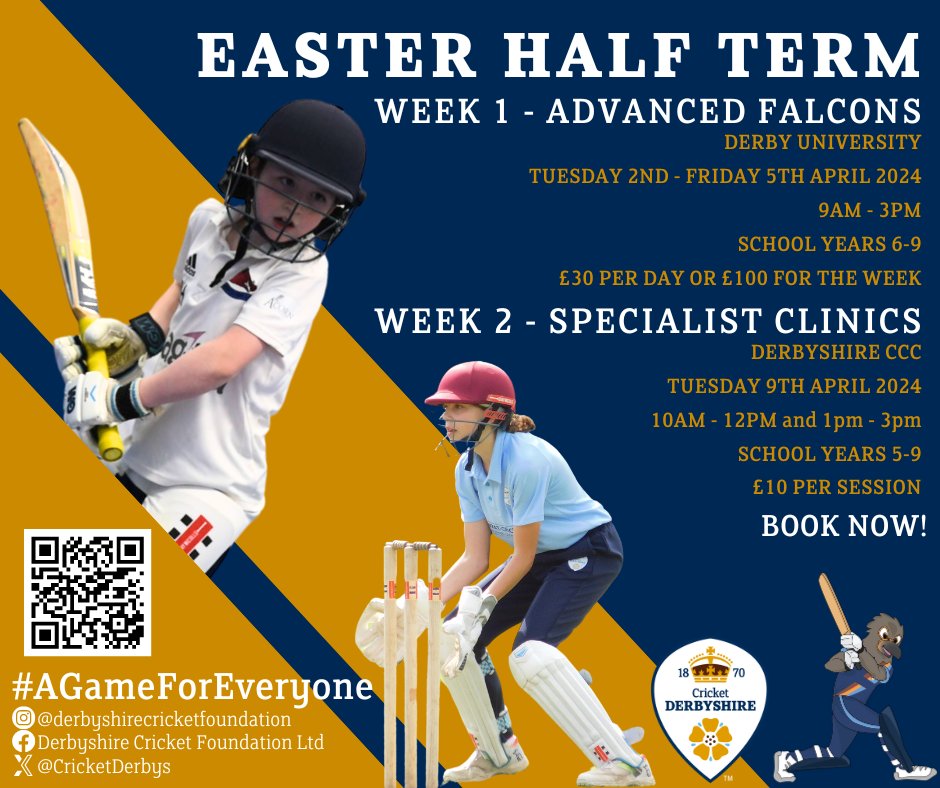 Easter Advanced Falcons & Specialist Clinics We have Advanced Falcons taking place at @DerbyUni, for those in school years 6-9! We have Spin Bowling, Wicket Keeping, and Fielding Clinics taking place on Tues 9th April at @DerbyshireCCC! Book Now⤵️ dcfcricket.com/easter-half-te…