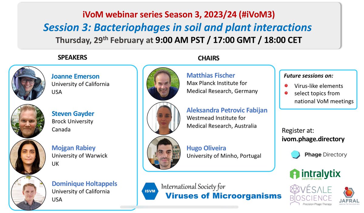 🌱 Don't miss out on the webinar #3 of #iVoM3 season, where leading researchers will shed light on “The magnificent, frustrating diversity of #soilviruses” @jemersonmicro. 🦠 📆 February 29, 6 pm CET. ✅ Register: ivom.phage.directory #iVoM3 #phages #plants