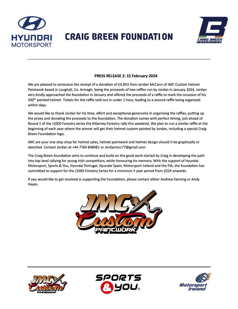 📣 Craig Breen Foundation - Press Release #2