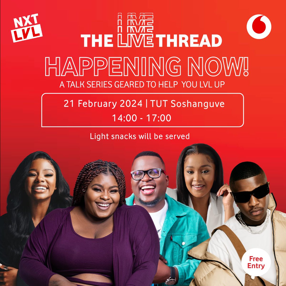 Todi_M2's tweet photo. Ya’ll heard? Vodacom’s #TheLIVEThread event is happening at TUT Sosha NOW & you’re invited! Catch Mpoomy Ledwaba, The Funny Chef, Sol Phenduka, Ch’cco, Pamela Mtanga, & more for coaching chats & LIVE entertainment sure to take your career a LVL UP. https://t.co/WWYjLc1Nzv