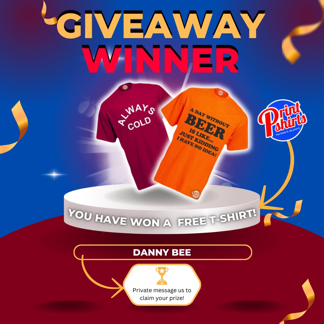 PrintShirts_UK's tweet photo. Congratulations to this weeks T-shirt winner Danny Bee!🌟 

This weeks winner was from Facebook. Please message us to get you your free T-Shirt voucher. To be in with a chance of winning the next giveaway be sure to like and follow us!🚶‍♂️🎁

#giveaway #winner #competition https://t.co/YYSO8NKndL