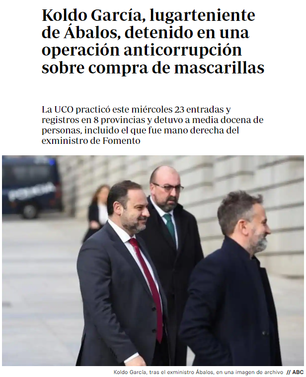 FroilLannister's tweet photo. Acaban de detener a Koldo, la mano derecha de Ábalos en una operación anticorrupción por la compra de mascarillas durante la pandemia.

¿Os acordáis de lo que os comenté en su día, en 2021, de que las compras de mascarillas del Ministerio de Ábalos , que se extendieron también al Ministerio de Marlaska, eran más que sospechosas? Pues ya están en juicio. Y quedan por revisar todavía los cientos de millones de gastos en productos de Illa, por cierto.

Este gobierno va a dejar el escándalo de los ERE en un juego de niños.