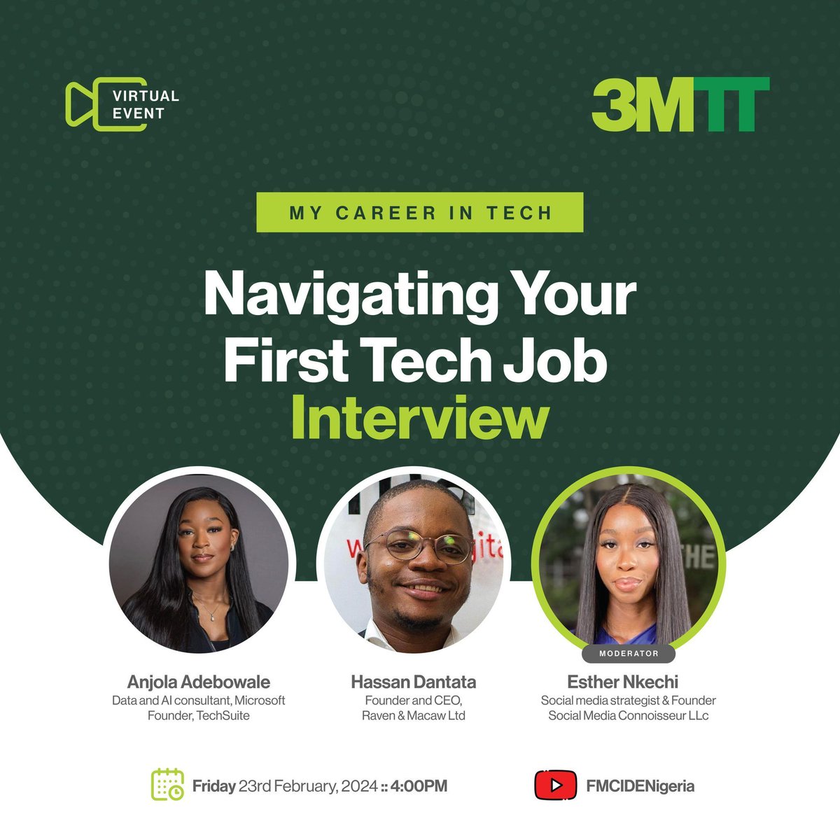 hassan_dantata's tweet photo. I will drop insight at #3MTT's "My Career in TECH: Navigating Your First Tech Job Interview" event!  It's gonna be LIT  with tips &amp; tricks to slay your interview and land that dream tech gig.

Ready to level up your career game? Join us virtually! @3MTTNigeria

#MOHADA #3MTT https://t.co/6LCvOfwsF1