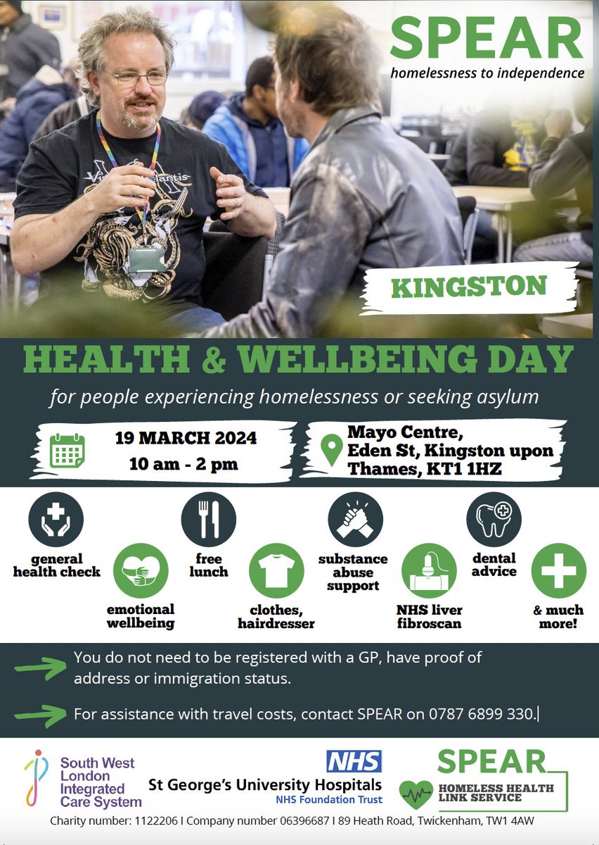 HWKingston's tweet photo. Health and Wellbeing Day - 19 March at the Mayo Centre (KT1 1HZ) - for people experiencing homelessness or seeking asylum https://t.co/8KfodOhe1N