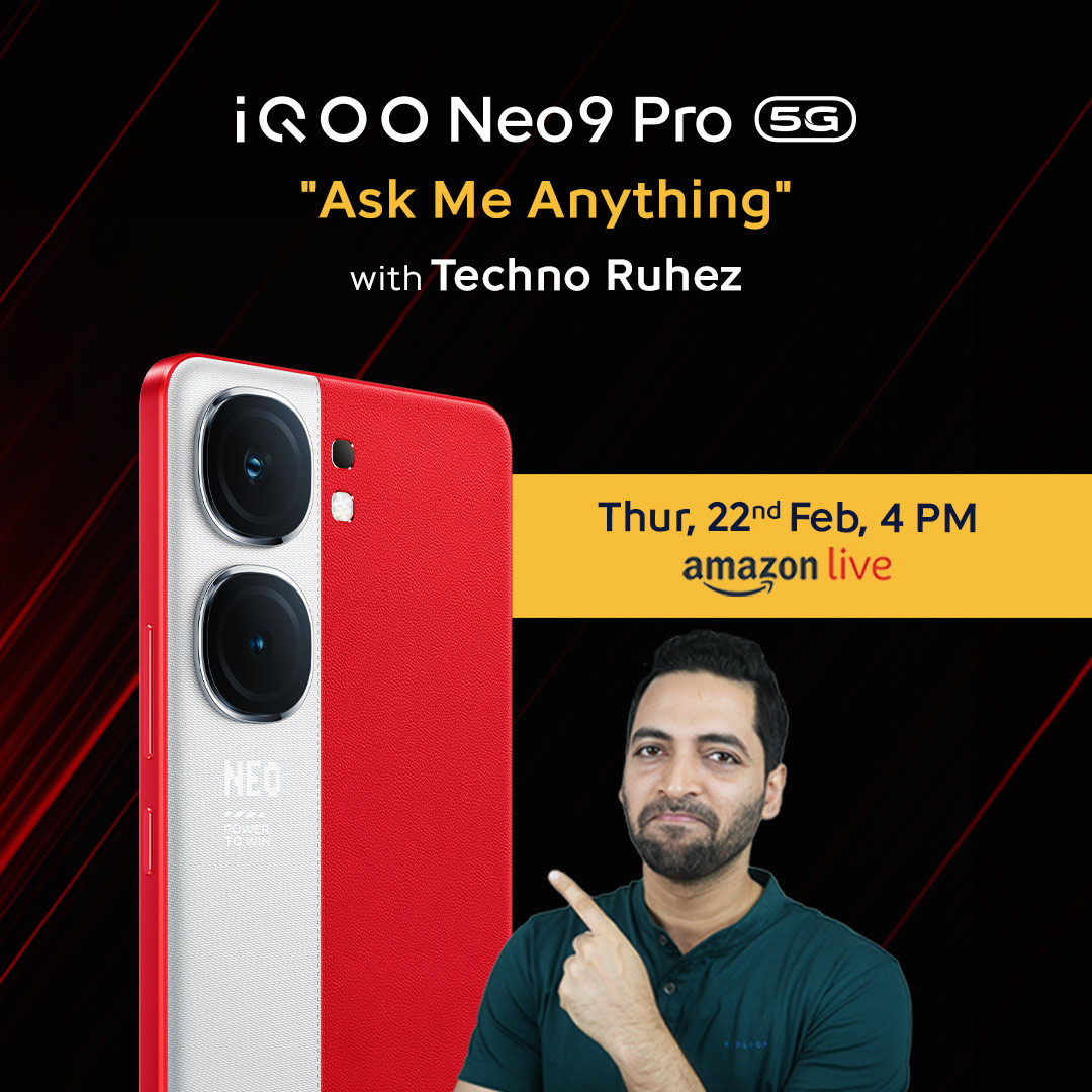 Ready to experience the #StressTest of the new #iQOONeo9Pro with @amreliaruhez! 🔥💬 Don't miss your chance to discover the power-packed features. Catch us live on rb.gy/0qbz61  tomorrow at 4PM @amazonIN 🚀

#iQOO #PowerToWin #iQOONeo9Pro #AskMeAnything #TechTalks