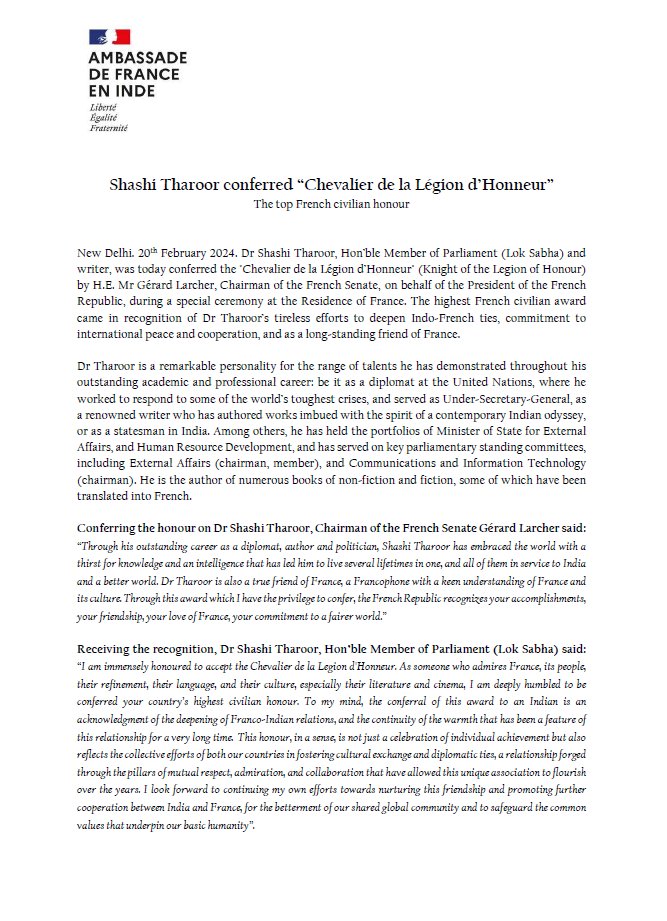 An inspiration for all generations to come. ❤️💐🙏
@FranceinIndia

#Literature
#France 
#india 
#HighestCivilianAward 
#books 
#Thiruvananthapuram 
#Kerala 
#IndianLiterature