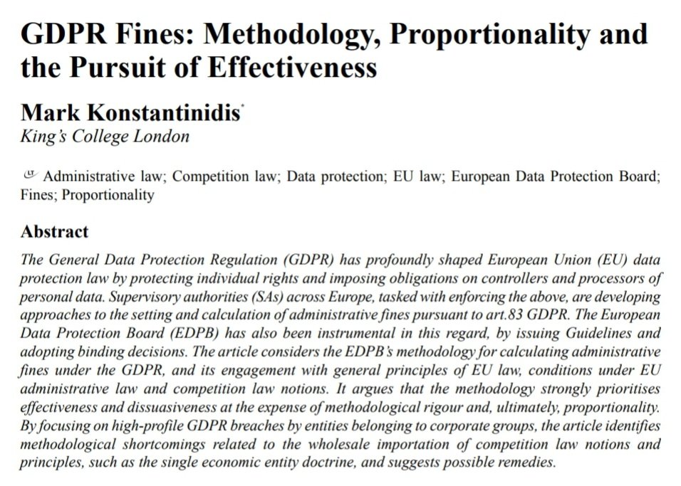 My new article, titled ‘GDPR fines: methodology, proportionality and the pursuit of effectiveness’, is now published in European Law Review.

It examines, and criticises, the @EU_EDPB's methodology for calculating fines under the #GDPR.

#EUlaw #dataprotection