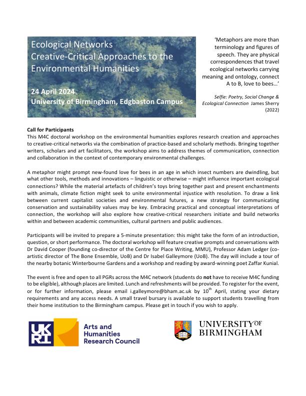 Isabel Galleymore (@igalleymore) on Twitter photo Birmingham! Nottingham! Leicester! Coventry! Are you a PhD student interested in the environmental humanities? Come along to a doctoral workshop on the 24th April <a href="/unibirmingham/">Uni of Birmingham</a>. Details below. Please share <a href="/Midlands4Cities/">Midlands4Cities</a> Birmingham! Nottingham! Leicester! Coventry! Are you a PhD student interested in the environmental humanities? Come along to a doctoral workshop on the 24th April <a href="/unibirmingham/">Uni of Birmingham</a>. Details below. Please share <a href="/Midlands4Cities/">Midlands4Cities</a>