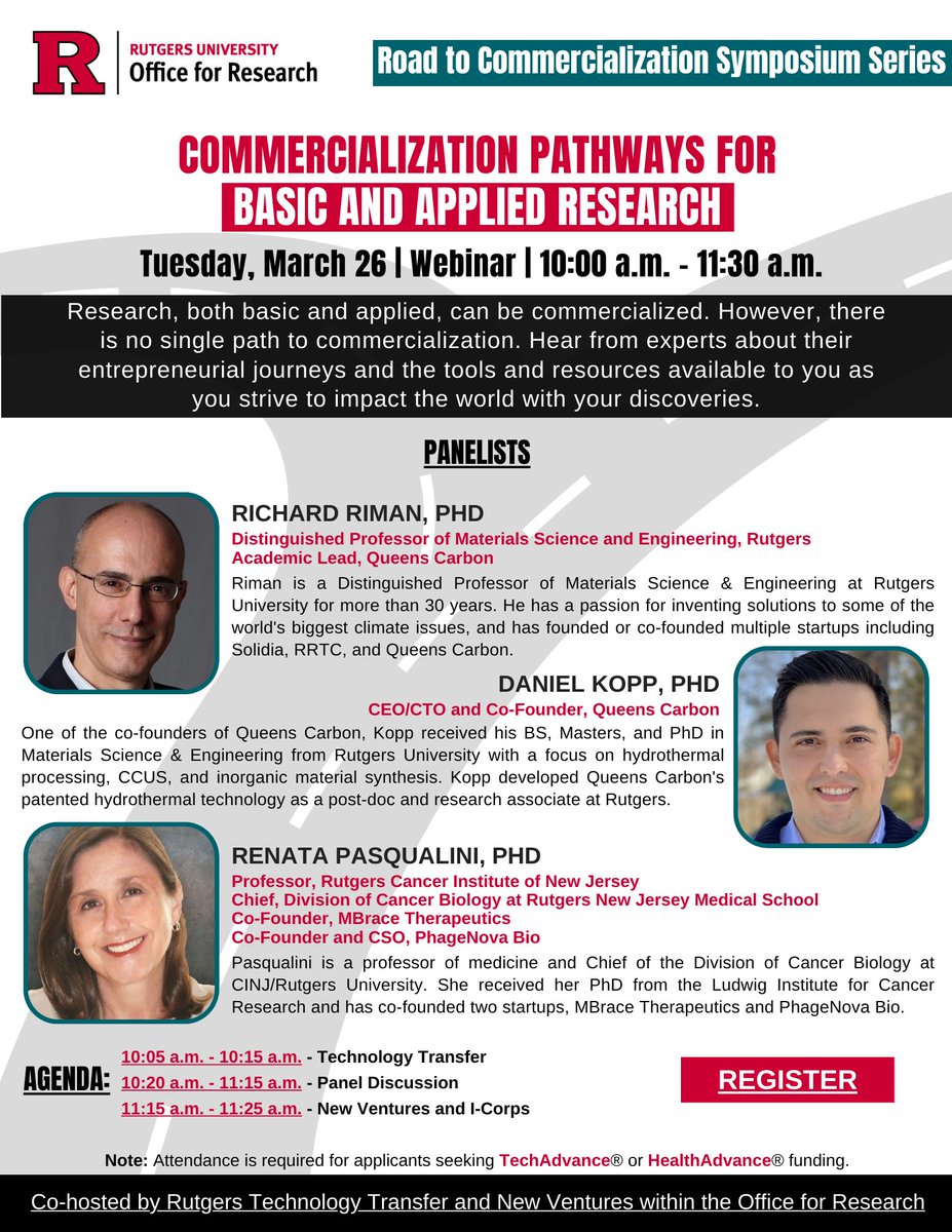 RUTGERS RESEARCHERS:

Register now for our upcoming free webinar: Commercialization Pathways for Basic and Applied Research. 

📅: March 26, 2024
🕰: 10:00 a.m. – 11:30 a.m.
📍: online

Click here to register: rutgers.zoom.us/webinar/regist…

#RutgersInnovation #RutgersResearch
