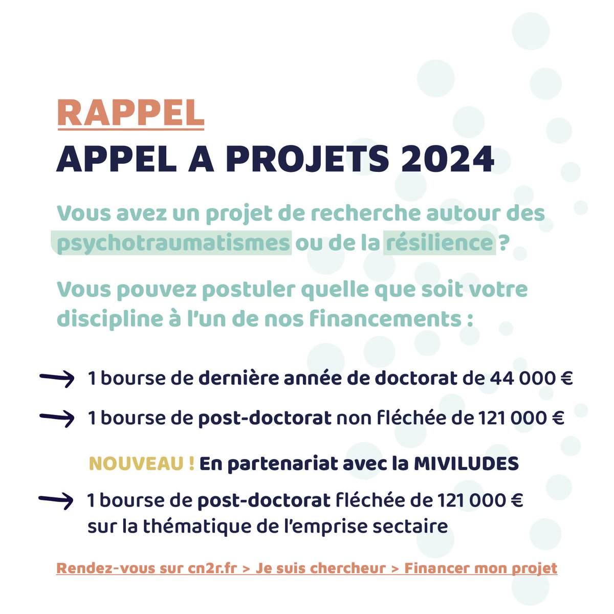 🗓️ Rappel : il vous reste 10 jours pour postuler à notre appel à projets et décrocher un financement pour votre dernière année de doctorat ou post-doctorat. N'hésitez pas à partager l'information autour de vous !