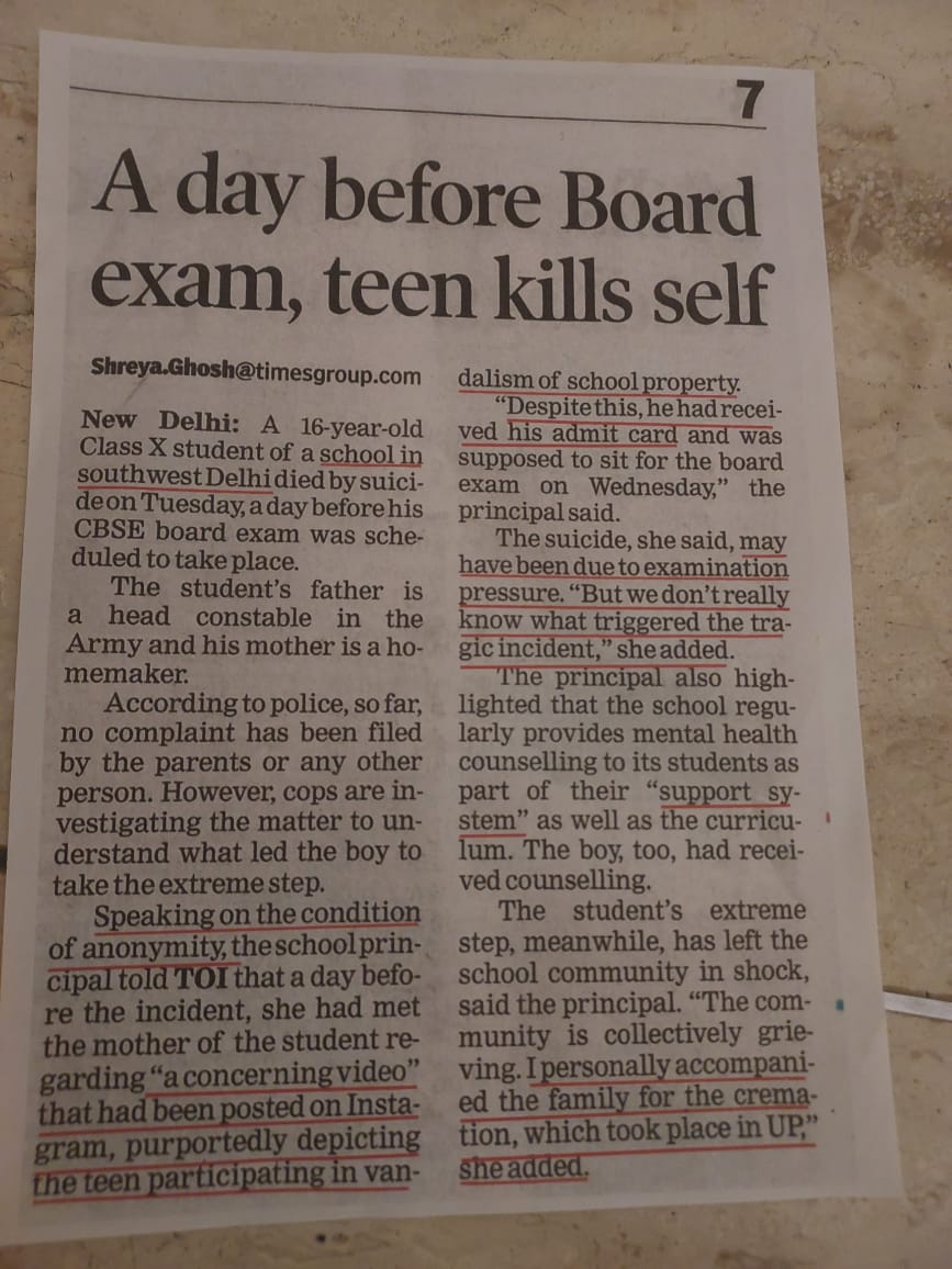 Warrior_Mukul's tweet photo. Boycott Times of India:
 Here is the proof of how the cover up is being attempted by the School Principal. She calls this TOI Reporter to her office and by using her influence upon the said Newspaper, ensures that a false narrative is spread against the deceased child and his parents. The "paid" Reporter also dutifully writes what is dictated to her. The fact is that the deceased was cremated at Mahendragarh in Haryana and not in UP as is being reported by TOI and for which the  Principal claims that she went to UP.  This "paid" Reporter also says that the Principal had handed over the Admit Card to the boy which is again a False statement. She has also said that the suicide was due to the examination pressure wherein it is now confirmed that it was due to denial of issuance of Admit Card that the boy took this extreme step. Even the Police has been manipulated wherein till now no FIR has been registered in this case of unnatural death. The Principal had "managed" the Police so well that the father of the deceased child was blackmailed to the extent that if he would include the fact about the Admit Card not being handed over in his statement to the Police, he wouldn't get the dead body of his son for the next four days. When I questioned these things from the said "paid" Reporter, she had the cheeks to say that the "story" is still developing and whatever she reported, right or wrong, was on the instructions of her Boss. 
Dear Friends, all this is being done probably because the deceased boy is the son of an NCO. Can we, for God's sake, forget what is the rank of his father? Can we treat him as one of our own children? Please think.
I also strongly condemn the false story of Times of India this morning. Shame on you TOI.
@TOIIndiaNews
