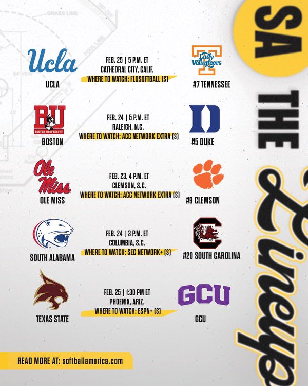 .<a href="/NutterClassic/">Mary Nutter Collegiate Classic</a> takes up most of our lineup card this week. What matchup are you most excited about? 

🔗 softballamerica.com/the-lineup-mar…