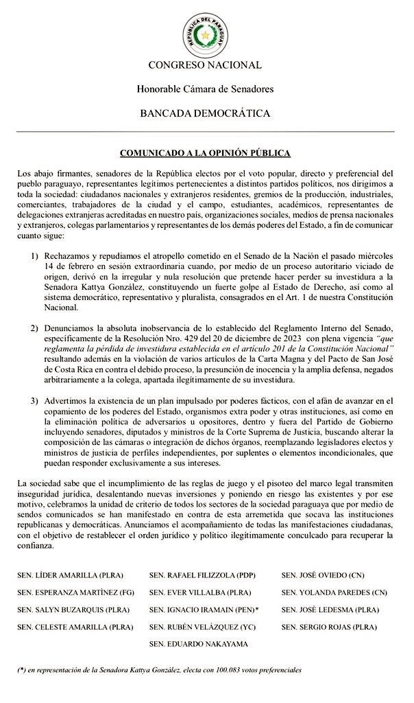 Repudiamos el atropello que derivó en la nula resolución que pretende hacer perder su investidura a <a href="/KattyaGonzalez9/">Kattya Gonzalez</a> constituyendo un fuerte golpe al Estado de Derecho.

Acompañaremos las manifestaciones ciudadanas con el objetivo de restablecer el orden jurídico y político.