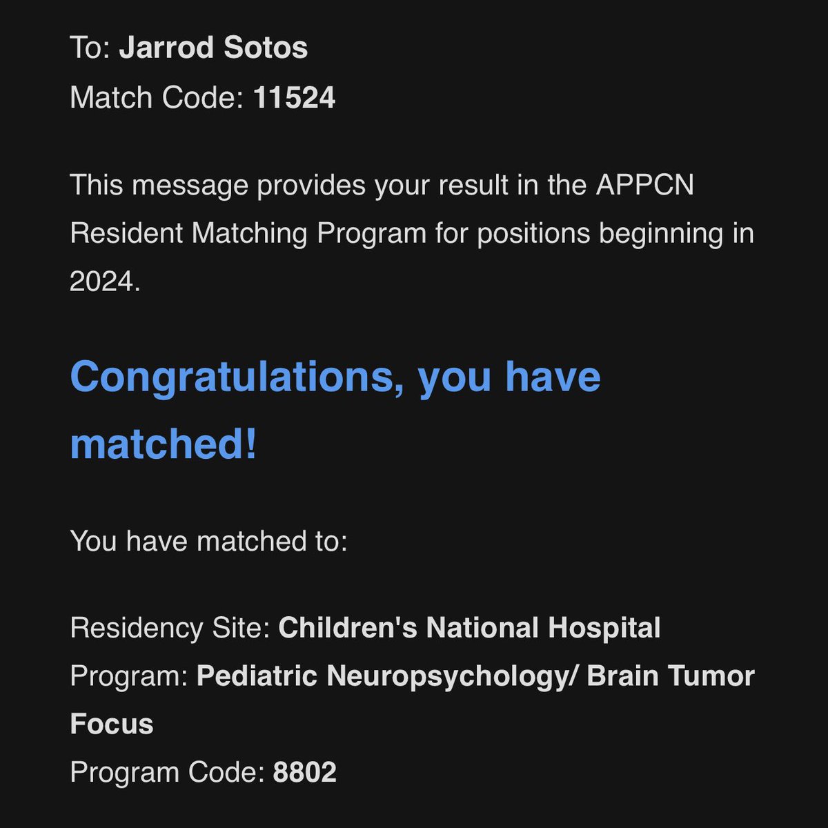 JarrodSotosPhD's tweet photo. So excited to share I’ll be completing my postdoctoral fellowship in Pediatric Neuropsychology at @ChildrensNatl in Washington DC!! 🧠🇺🇸 #APPCN #APPCNMatch https://t.co/ZFmfAXAfgK