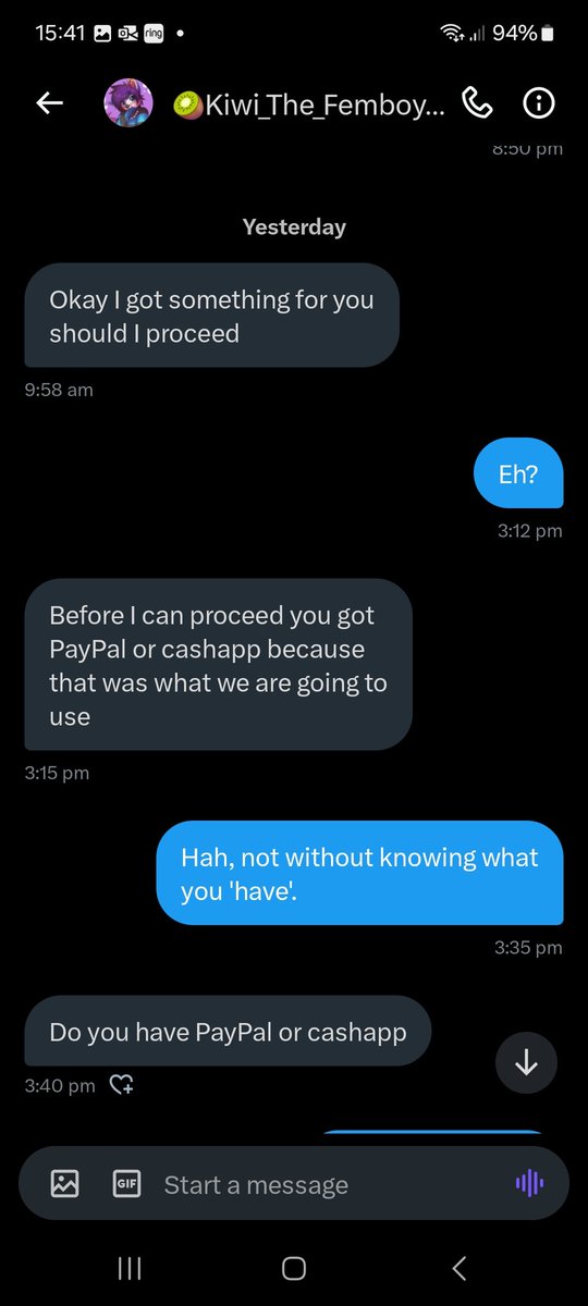 LadyIonia's tweet photo. Heads up.

Got this from @/foxy55523 today. Sounds extremely fishy.

This is a common way to scam through chargeback.

Remember folks, if it sounds too good to be true it probably is, don't give your deets, stand your ground and report! https://t.co/qTgriRhN27