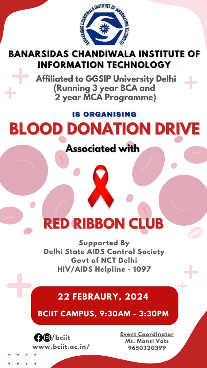 BCIIT will be hosting a Blood Donation Drive on 22nd Feb 2024. This event is a wonderful opportunity for us to come together as a community and make a significant impact on the lives of others.

#aicte #ggsipu #blooddonors #UGC