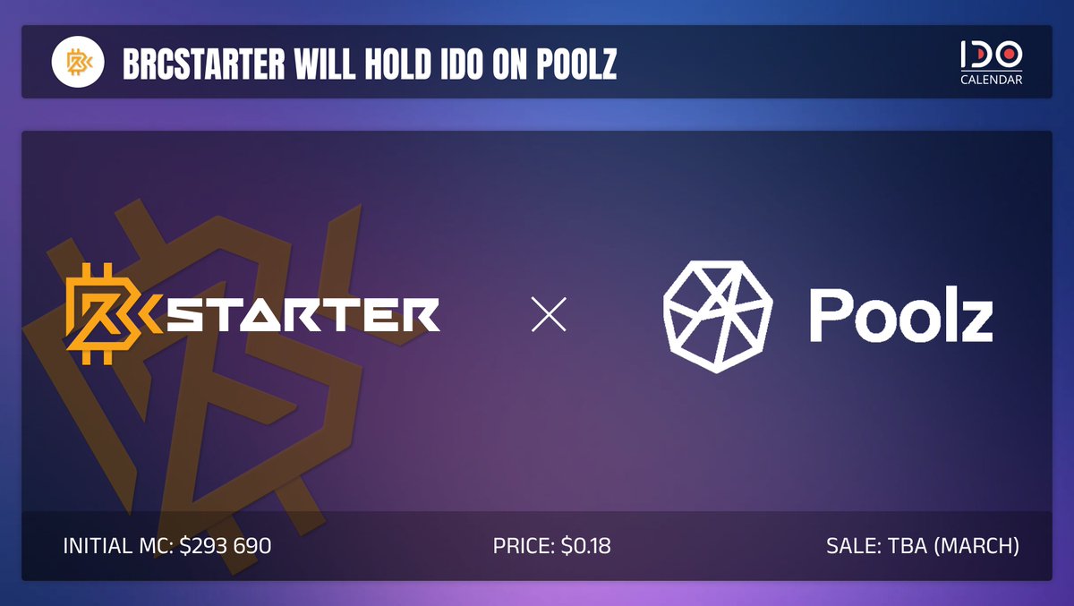 IDO_calendar's tweet photo. BRCStarter will hold IDO on @Poolz__ 

@BRCStarteroff is a pioneering launchpad specifically designed for BRC-20 projects, with a primary goal of advancing the adoption of these tokens within the crypto sector.

▫️ Initial market cap: $293 690
▫️ Price: $0.18 
▫️ Sale: TBA (March)
▫️ Lock +250 $POOLX for guaranteed allocation
▫️ Details: https://t.co/NBE5npunT6