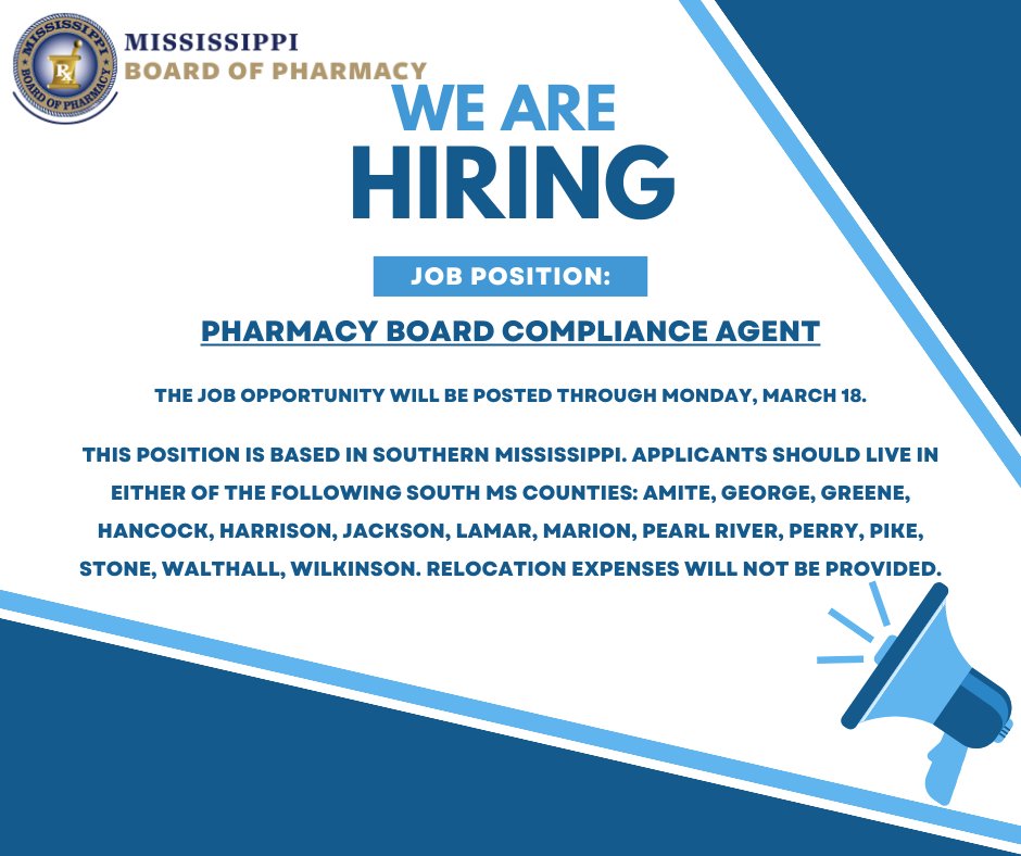 MississippiBOP's tweet photo. The Mississippi Board of Pharmacy is now accepting applications for the position of Compliance Agent. 

Interested applicants can view the posting on the Mississippi State Personnel Board’s website at the following link: https://t.co/bTjtdD89MQ https://t.co/NpH8JeHe1S