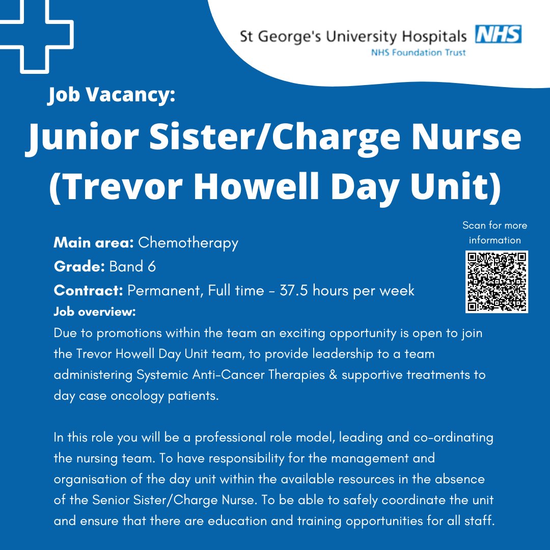 Due to promotions within the team an exciting opportunity is open to join the Trevor Howell Day Unit team, to provide leadership to a team administering Systemic Anti-Cancer Therapies & supportive treatments to day case oncology patients. Can't wait to welcome a new member!