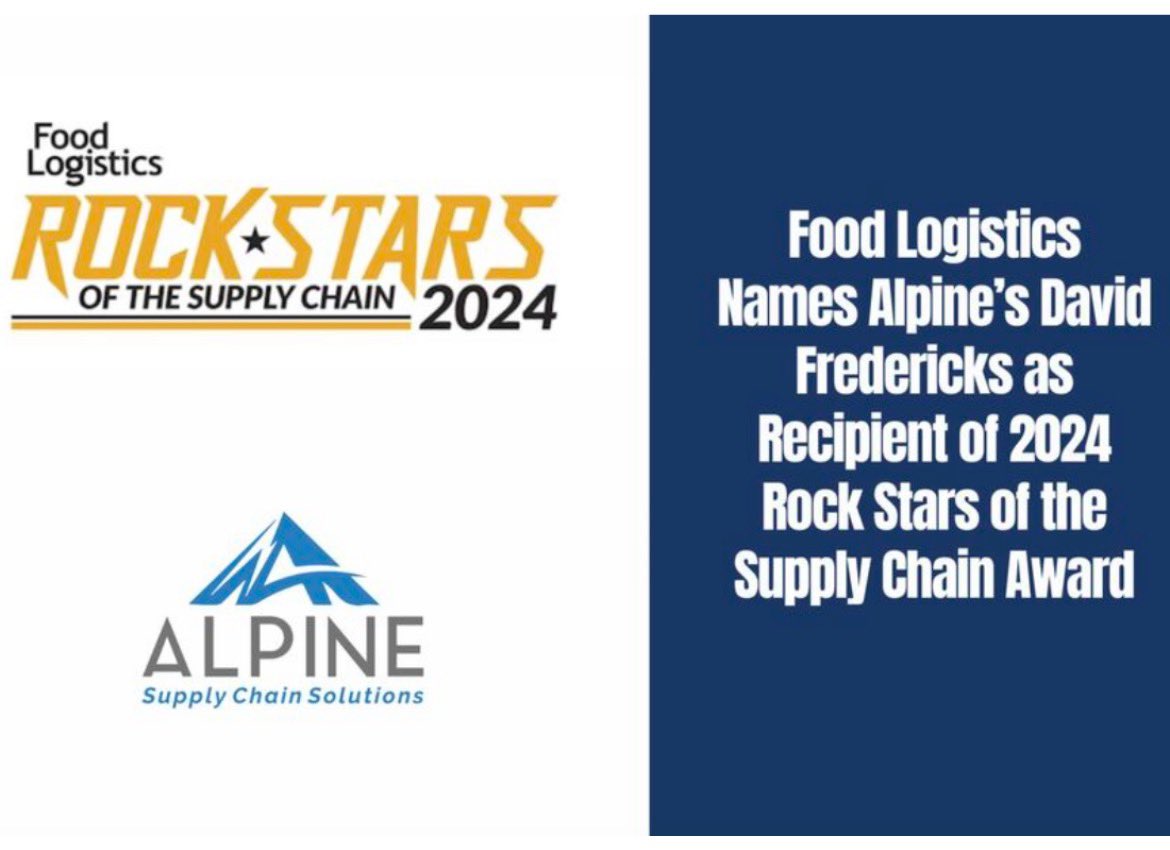 AlpineSupplyChn's tweet photo. Congratulations to David Fredericks, the Managing Director of Alpine, for being the recipient of 2024 Rock Stars of the Supply Chain Award from Food Logistics! 
#supplychainlogistic #supplychainmanagement #warehousemanagement #warehousesolutions https://t.co/b6vRQQLsQ0