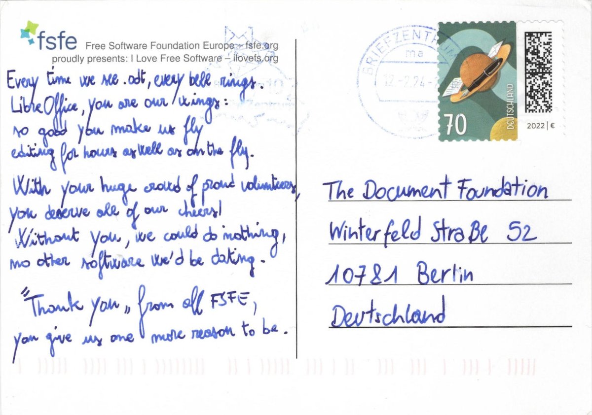 Wir haben eine Postkarte von der FSFE (Free Software Foundation Europe) erhalten, mit einem netten kleinen Gedicht ♥:
de.blog.documentfoundation.org/2024/02/21/wir…