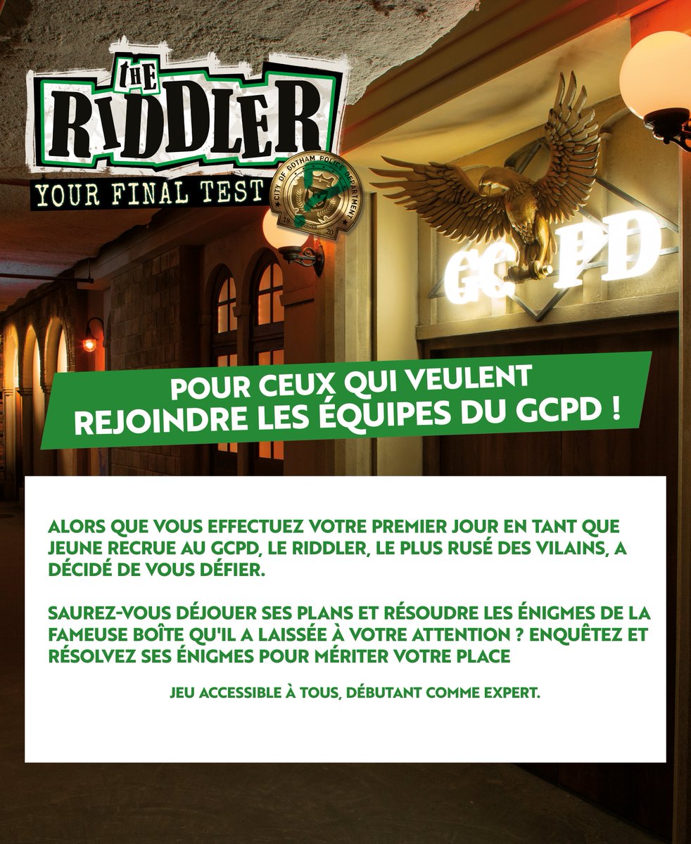 batman_escape's tweet photo. Le Riddler est de retour à Gotham City ! ❔
Et il a préparé un accueil digne de ce nom pour les nouvelles recrues du GCPD 🚨

Saurez-vous déjouer ses plans ?

Pour réserver : https://t.co/ZrzWgqlASw

#batmanescape #escapegame #theriddler #gcpd #gothamcity https://t.co/dZP87jT2NL