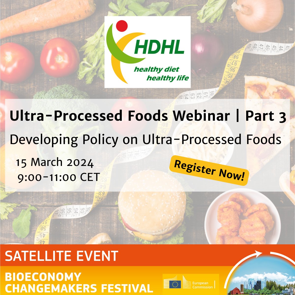 Join the European Healthy Diet for a Healthy Life (HDHL) initiative's satellite event, part of the Bioeconomy Changemakers Festival. Engage in dialogue on food production and combating ultra-processed foods. zonmw.zoom.us/webinar/regist… #BioeconomyChangemakers #FoodForThought 🥦🍎