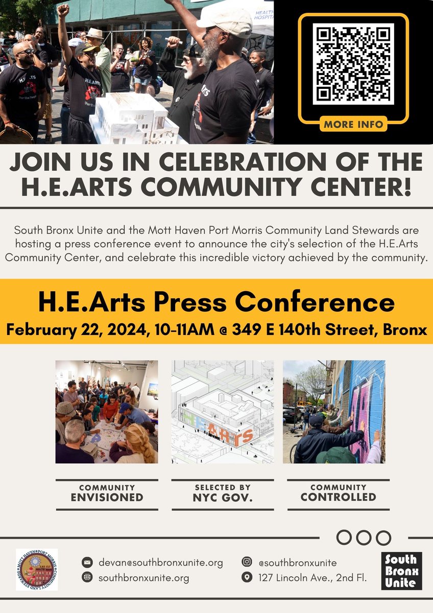 A historic victory for the South Bronx! Come join us in celebration tomorrow as we announce the City’s selection of the HEArts Community Center. More info here: shorturl.at/dhw46

📍349 E 140th St, Bronx
🕣 10-11 AM

#cltsfornyc #communitylandtrusts #publiclandforpublicgood