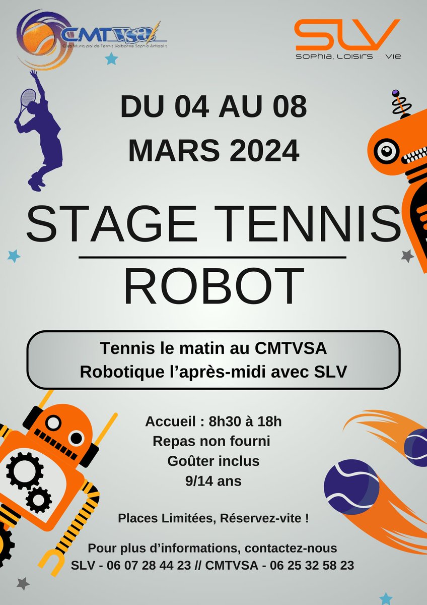 Votre enfant  s'ennuie pendant les vacances? Inscrivez-le à notre stage Tennis-Robot  du 4 au 8 mars. Le matin les enfants font du tennis et l'après-midi de  la robotique, assemblage, codage, jeux avec les robots. Plus de  renseignements au 06 25 32 58 23 ou 06 07 28 44 23