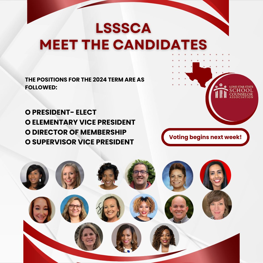 Texas School Counselors! Meet our outstanding candidates for the following 2024 board positions! 🎉🎉❤️Voting begins next week! Learn more about each candidate using this link->ow.ly/8juK50QGbin