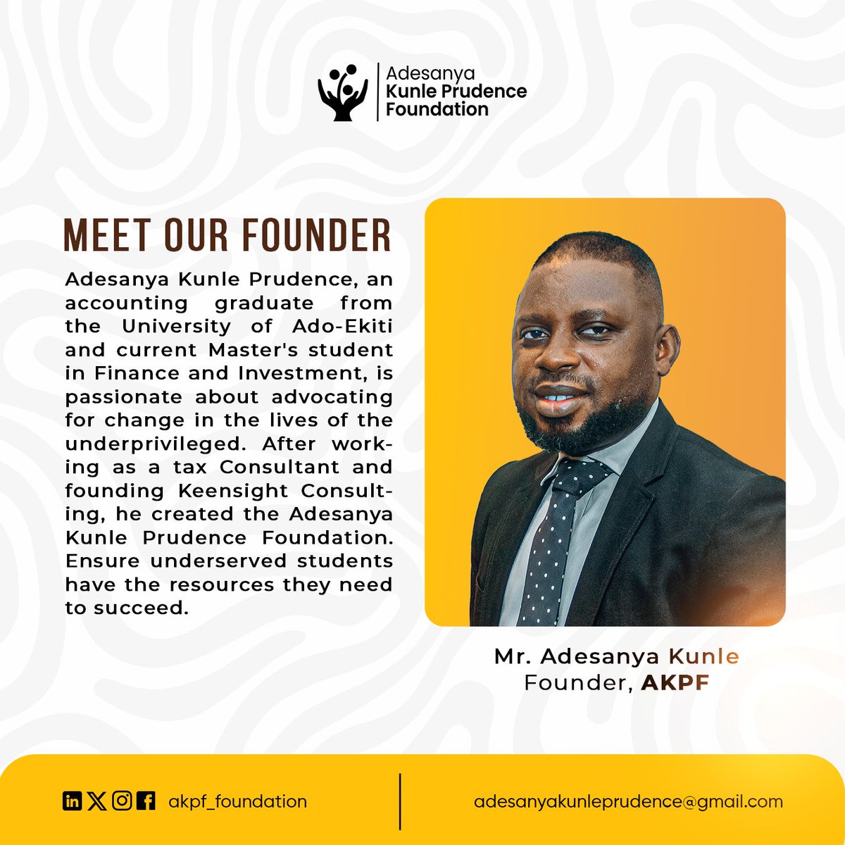 Our journey toward empowerment is steered by a passionate team, and today, we are thrilled to introduce you to the heartbeat of AKP Foundation – our remarkable CEO, Kunle Adesanya.

<a href="/UNICEF/">UNICEF</a> <a href="/Oxfam/">Oxfam International</a> <a href="/WFP/">World Food Programme</a>